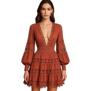 L'ATISTE Deep V-Neck Rust Dress